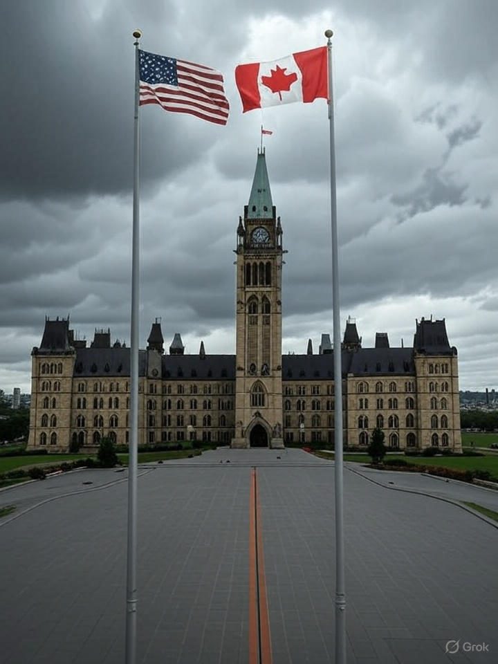 US and Canadian flags split