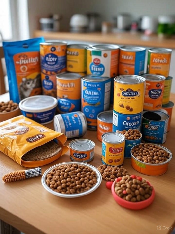 Health cat food cans and dry food bags