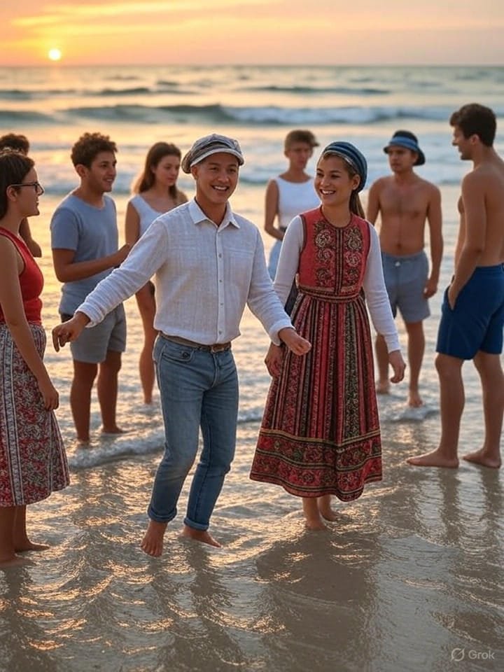 sun setting on a summer evening beach with people enjoying the view