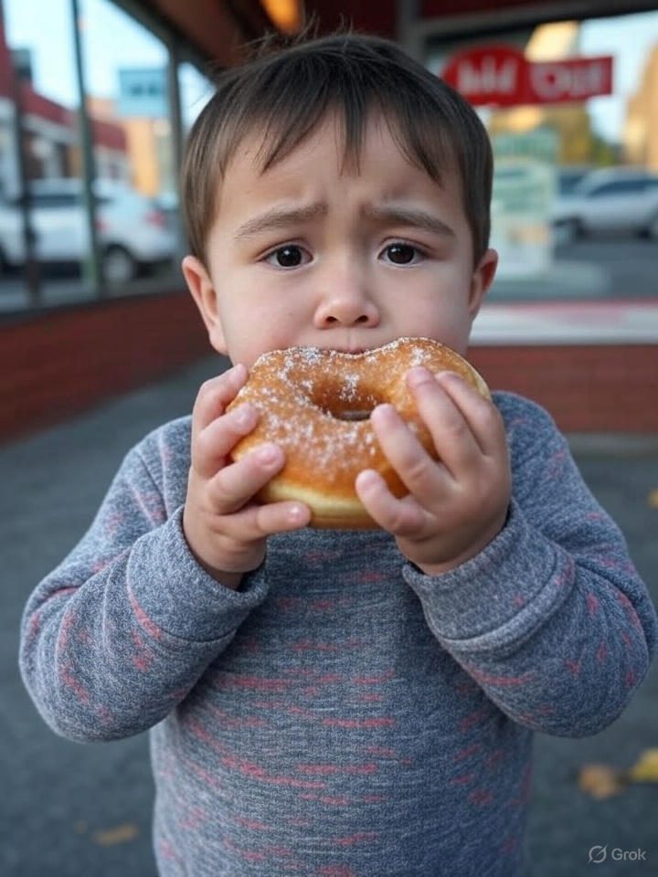 A sad child holding a Krispy Kreme donut