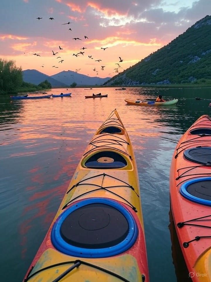 "Lake Skadar at sunset with kayaks