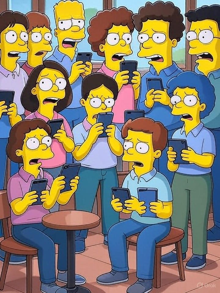 Fans reacting to Marge Simpson news on their phones, social media, mixed emotions,