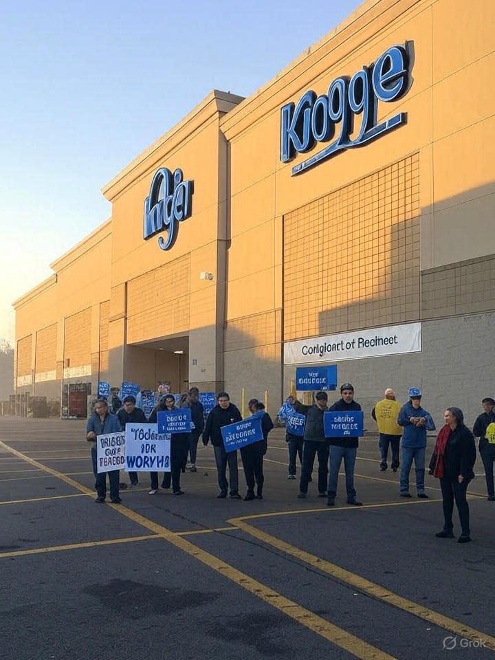 laid-off workers protesting outside a closed Kroge