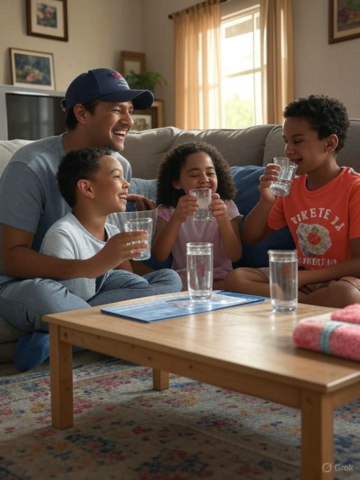 Happy family indoors with air conditioner