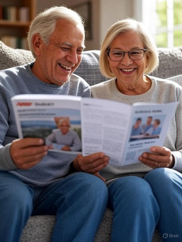 A brochure showing the AARP Medicare plan benefits with a smiling senior couple reading together.