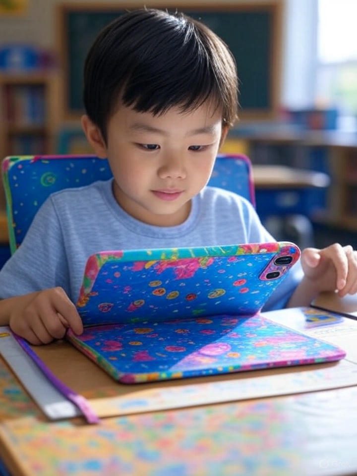 Kid reading on Fire HD 8 in colorful case in classroom