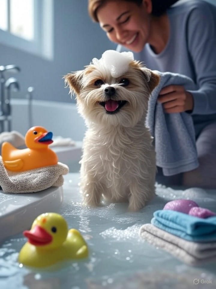 Cute dog getting a bath in a tub