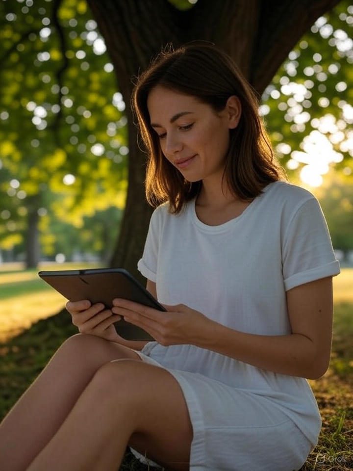 Reader holding Kindle under a tree in daylight]