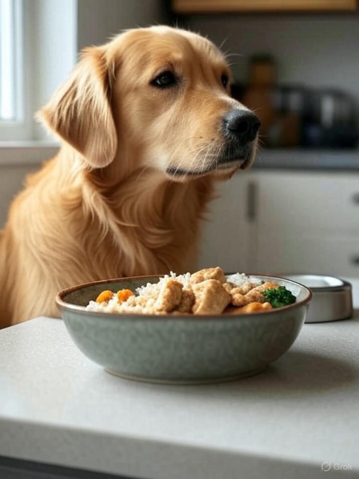 Dog bowl filled with chicken and rice, vegetables