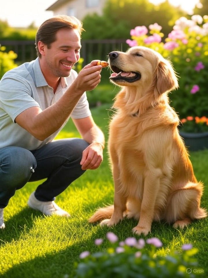 Dog receiving treat while sitting after a successful command