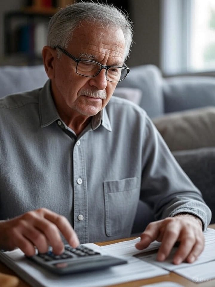 a senior man is calculating health insurance bills with a calculator and notepad.