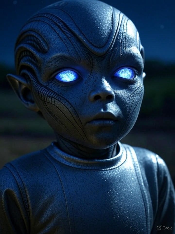 child‑synthetic hybrid looking powerfully alien)