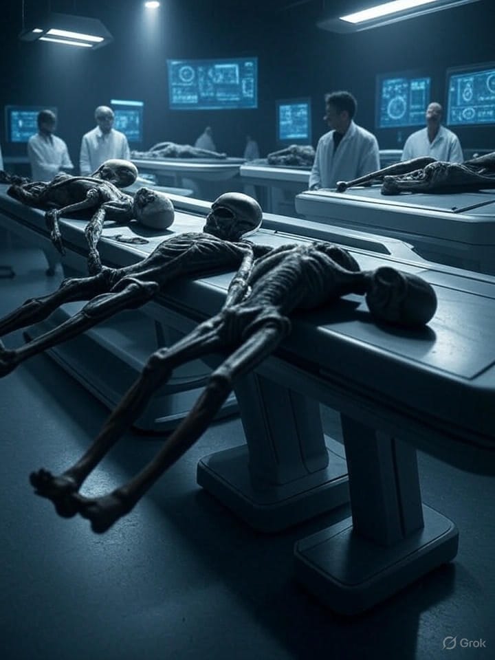 Futuristic bio-lab with alien corpses and advanced technology under dim lighting.”