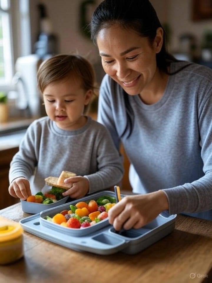 A mother packing a toddler lunch box with small, colorful portions and healthy snacks in a cozy kitchen"