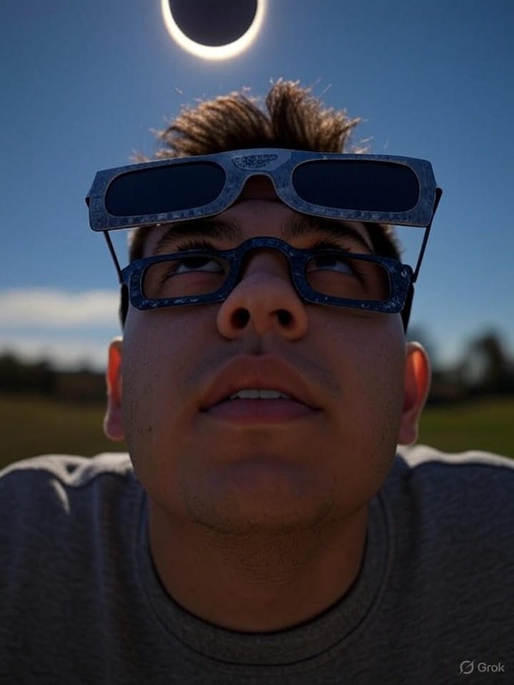 A person watching an eclipse safely using solar glasses