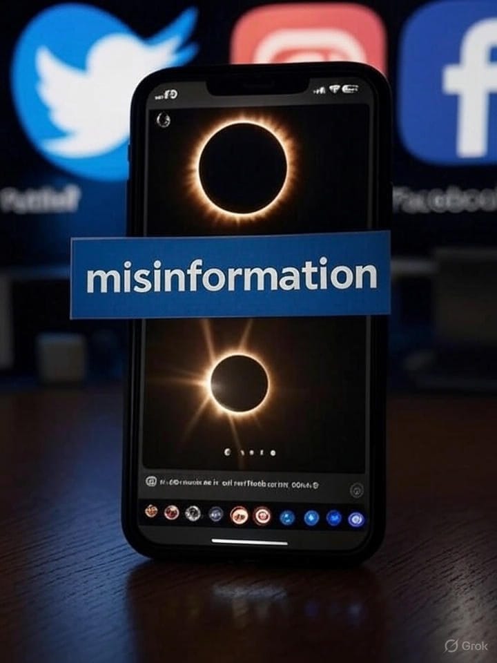 A social media screenshot with a “misinformation” tag over a viral eclipse post, showing platforms like X (Twitter) and Facebook
