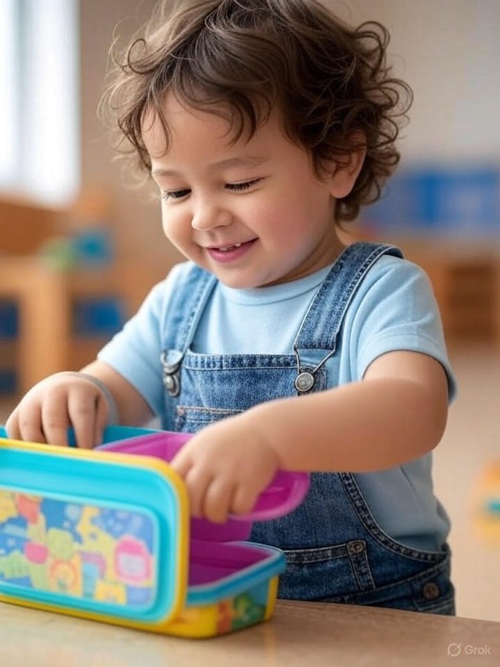 toddler easily opening a colorful lunch box