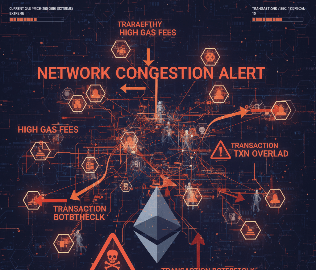 mage Placeholder: Add an image showing the Ethereum network with warnings of congestion or high gas fees.