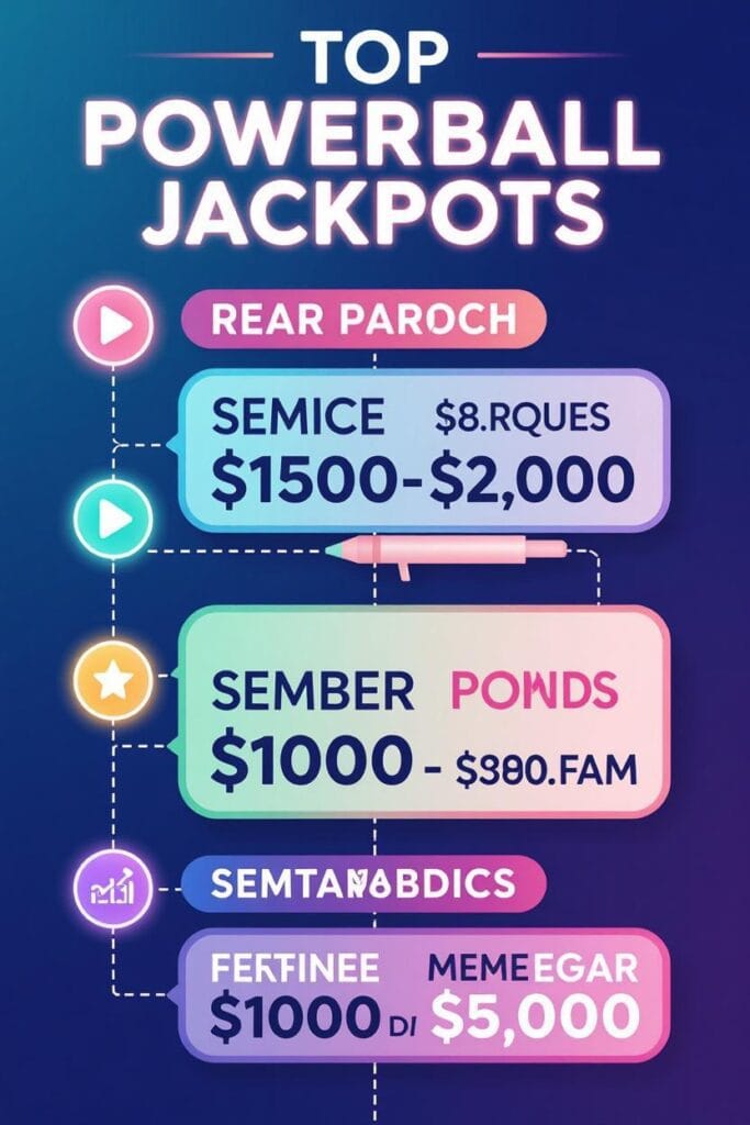 Timeline infographic of top Powerball jackpots with glowing markers