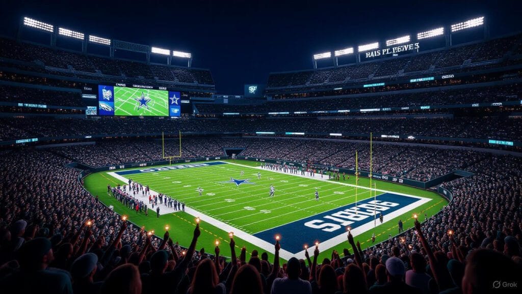 Cowboys and Eagles fans waving lights in the stands