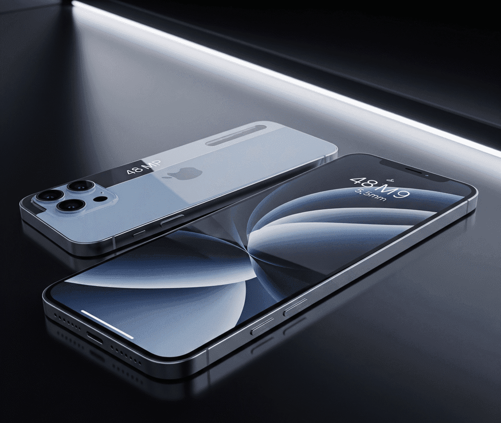 iPhone 17 Air, ultra-thin 5.5 mm design, silver and sky blue finish. Single 48 MP rear camera, edge-to-edge display,
