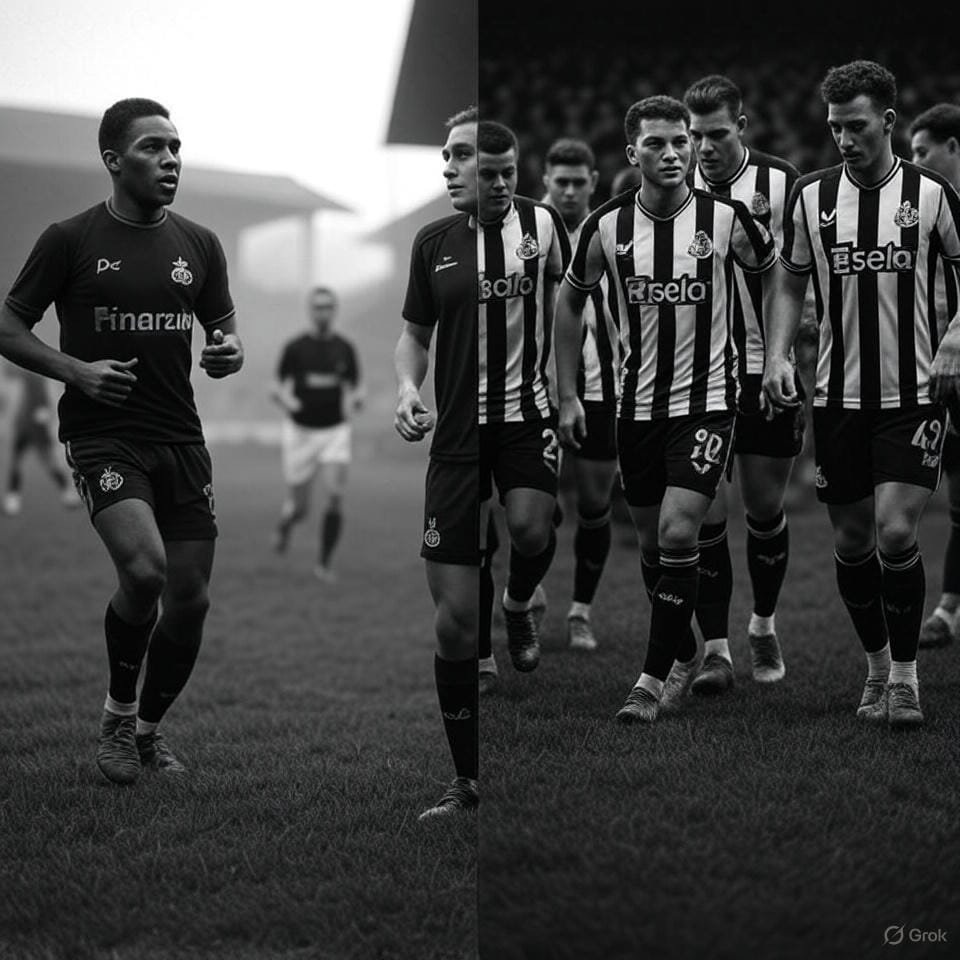 n old black-and-white photo of Union Saint-Gilloise’s historical team contrasted with a modern Newcastle squad photo.