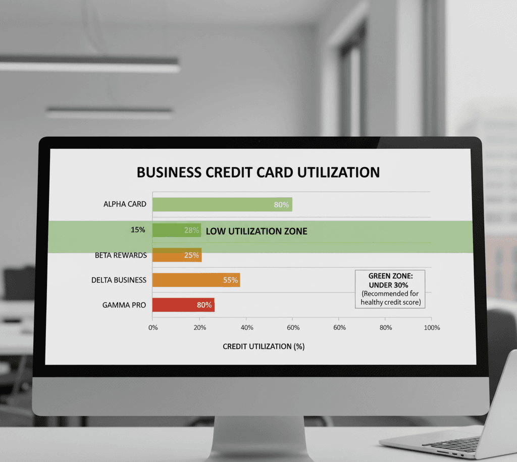 3-4 business credit cards with a green zone under 30%.