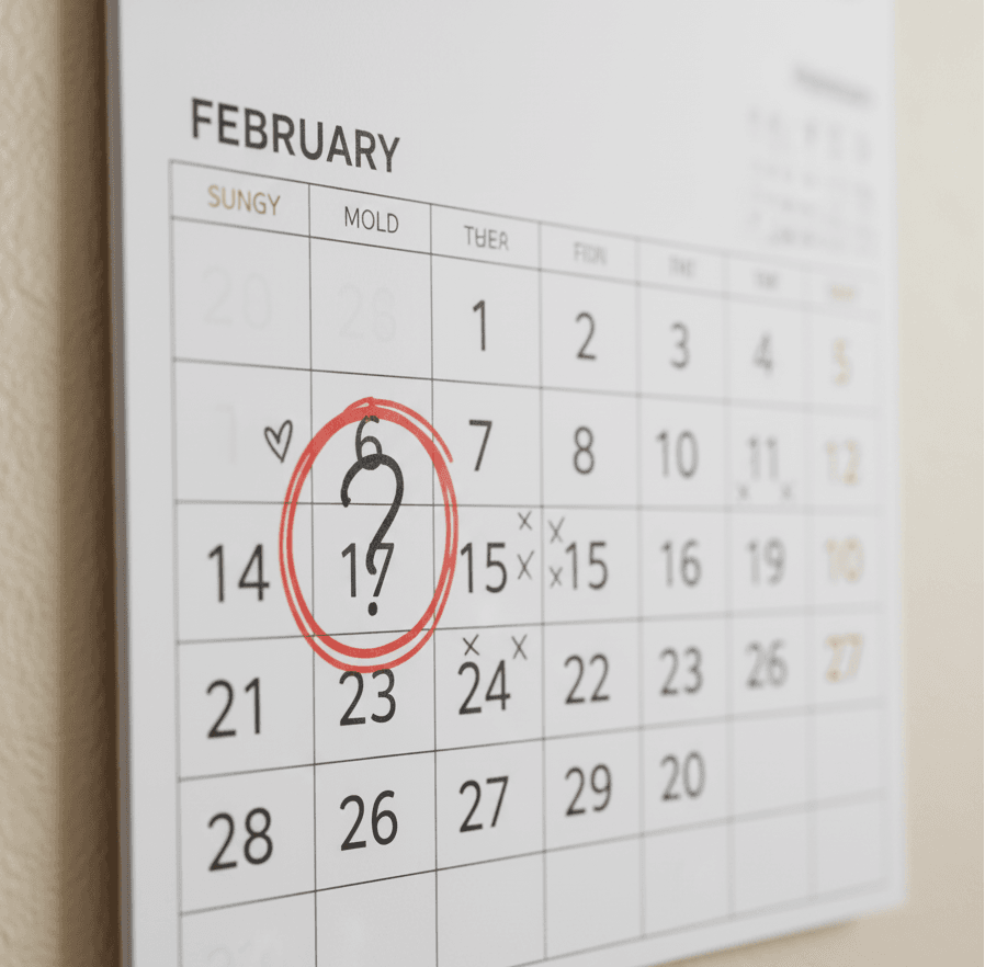 Calendar with a circled date and a question mark, symbolizing a missed period.