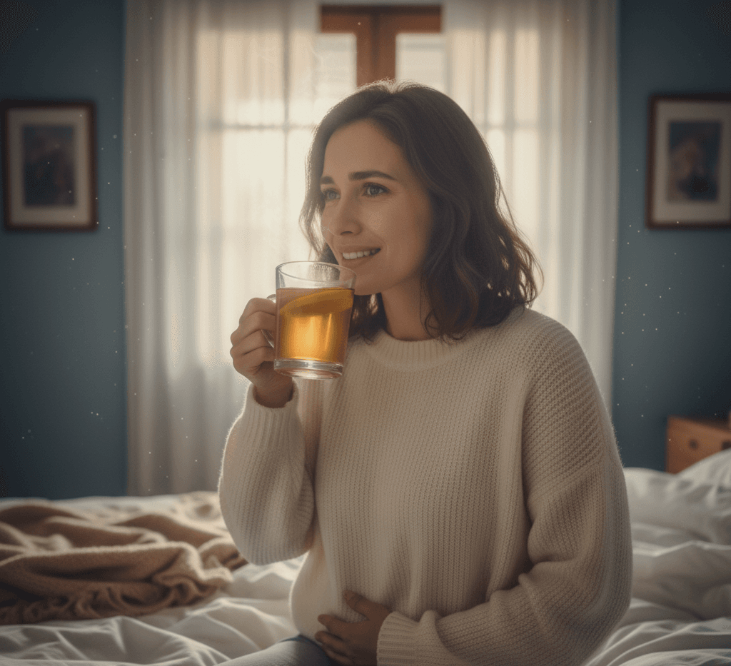 Woman holding her stomach and sipping ginger tea, looking thoughtful but hopeful.