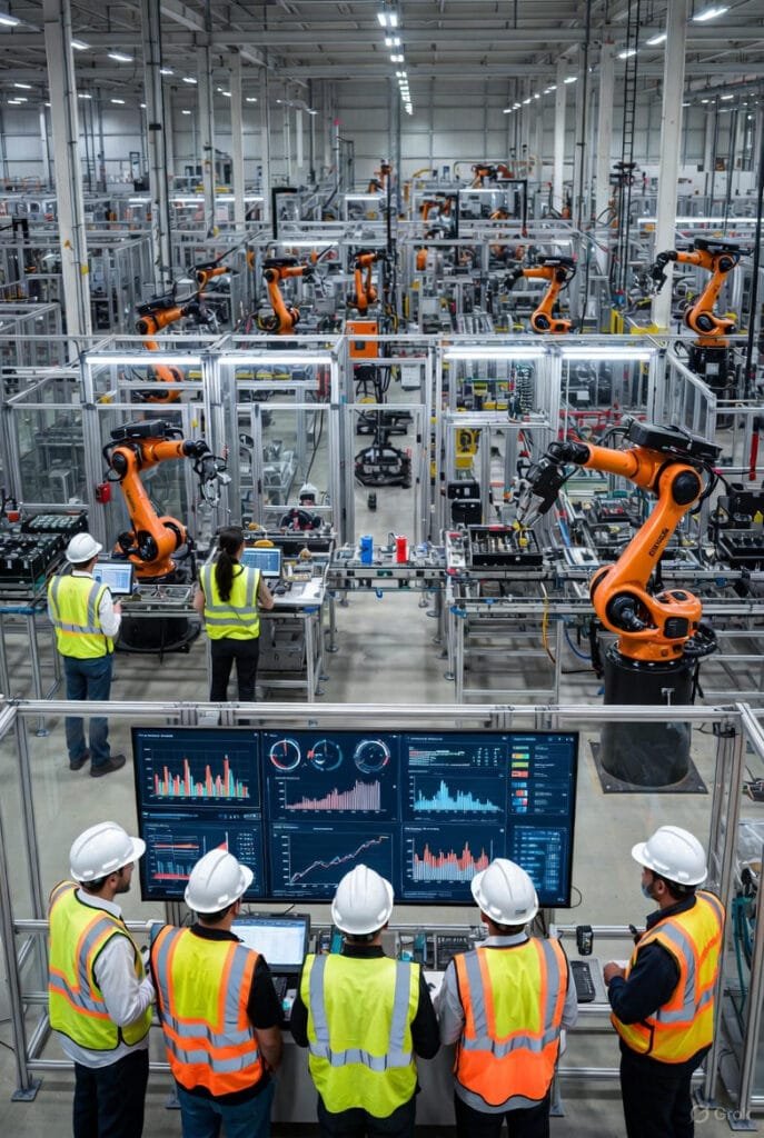 Factory floor robots beside human workers analyzing AI dashboards, realistic lighting, industrial luxury tone.