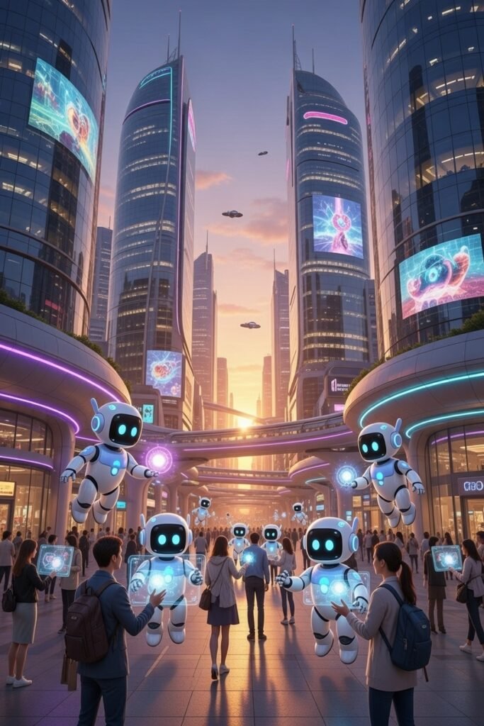 floating AI assistants, futuristic lifestyle