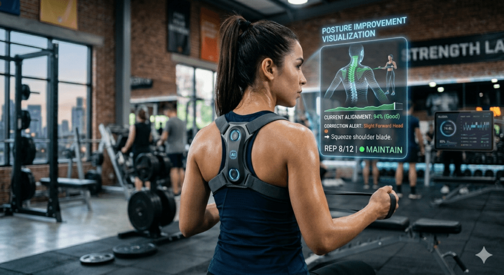 A wearable posture corrector device attached to the upper back, showing AI alerts and posture improvement visualizationβ