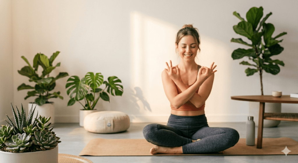 A happy beginner finishing a workout session at home
