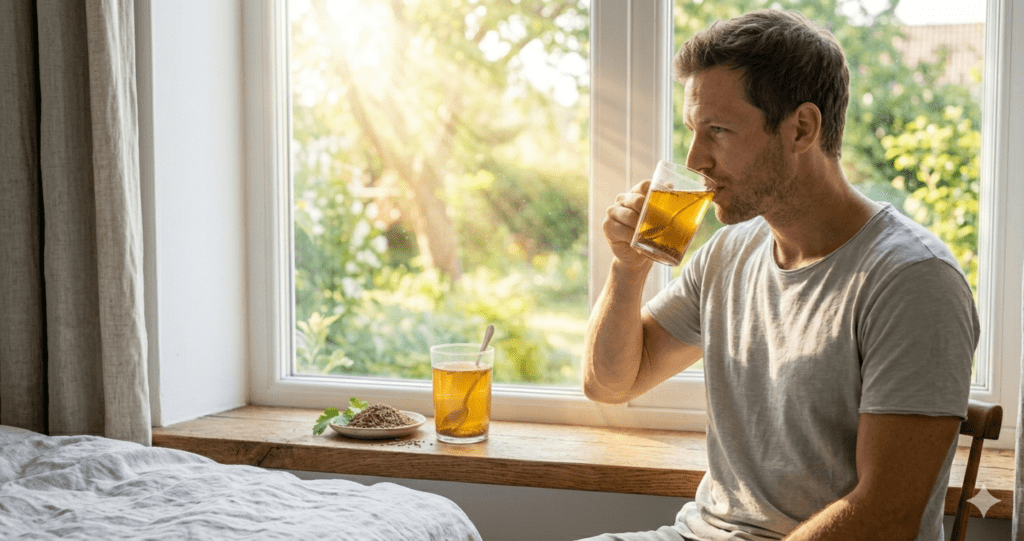 A cup of green tea on a wooden table with natural light, peaceful morning setting, healthy lifestyle”
