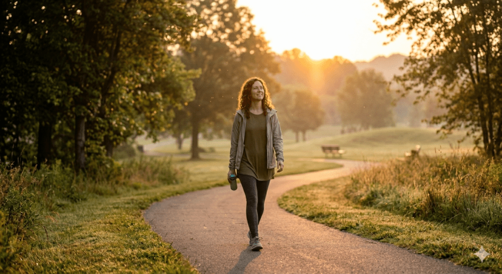 “A young adult walking outdoors in a park during sunrise, looking relaxed and refreshed”