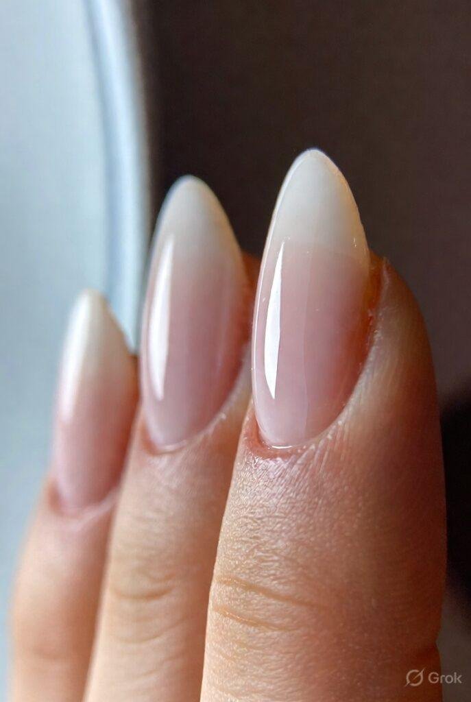 A close-up of shiny gel nail polish nails with glossy finish and soft lighting