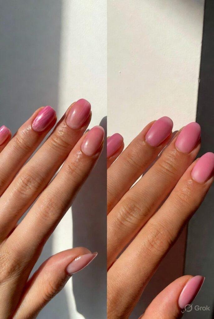 🖼️ IMAGE PROMPT

A comparison image showing regular nail polish vs gel nail polish finish