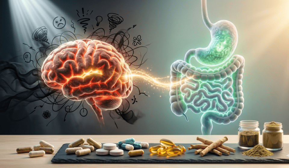 Best supplements for anxiety and gut health including probiotics, magnesium, and natural capsules on a clean table with calm setting