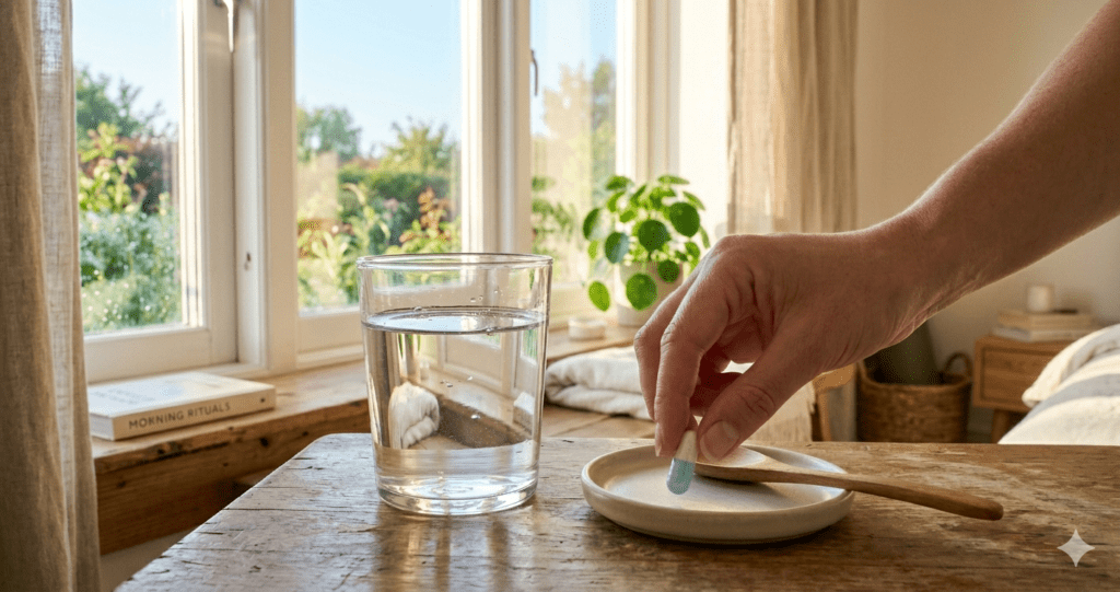 Person taking probiotic capsule early morning near window with sunlight and empty stomach concept”
