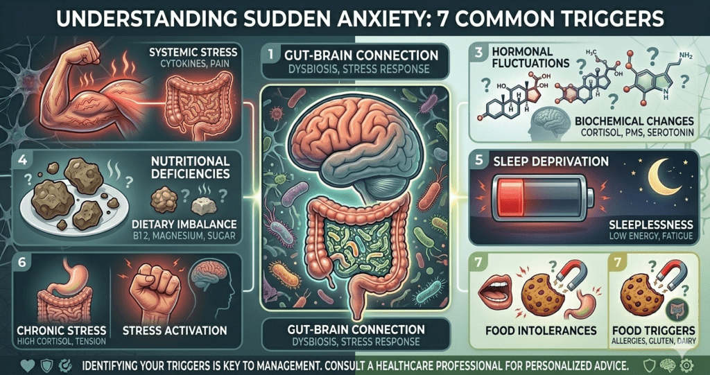 Infographic showing 7 causes of sudden anxiety with icons