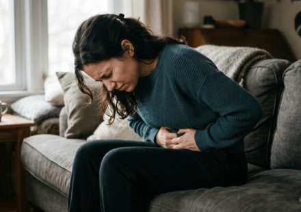person with stomach pain from anxiety holding their gut in discomfort