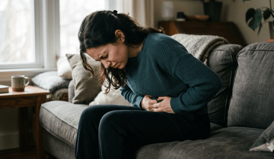 person with stomach pain from anxiety holding their gut in discomfort