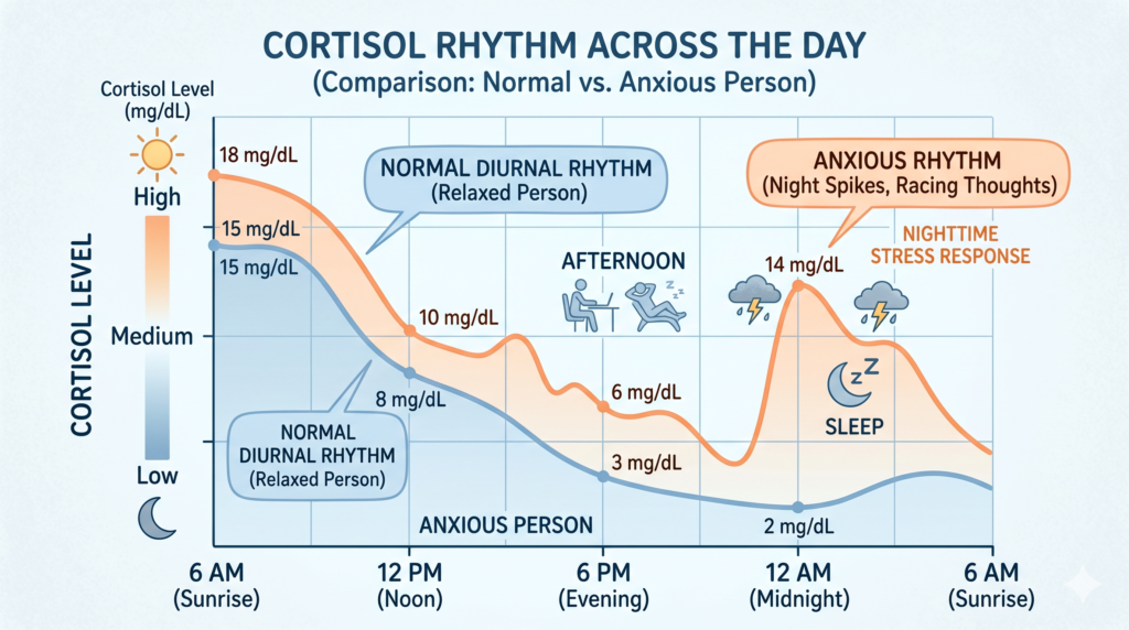 cortisol levels across the day — high in the morning, dropping through the afternoon, but spiking again at night in an anxious person —