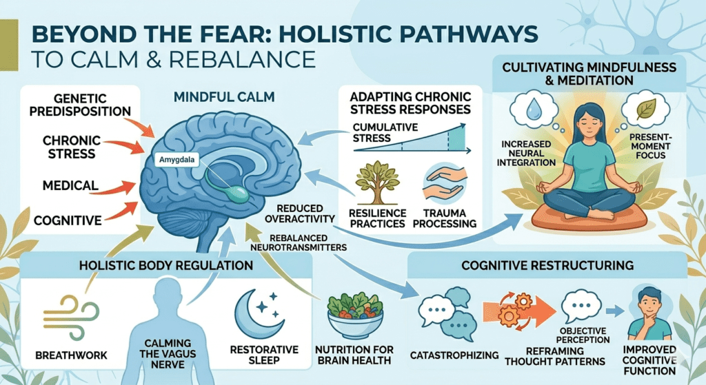 a person doing deep breathing exercise outdoors, surrounded by soft nature elements — leaves, gentle sunlight