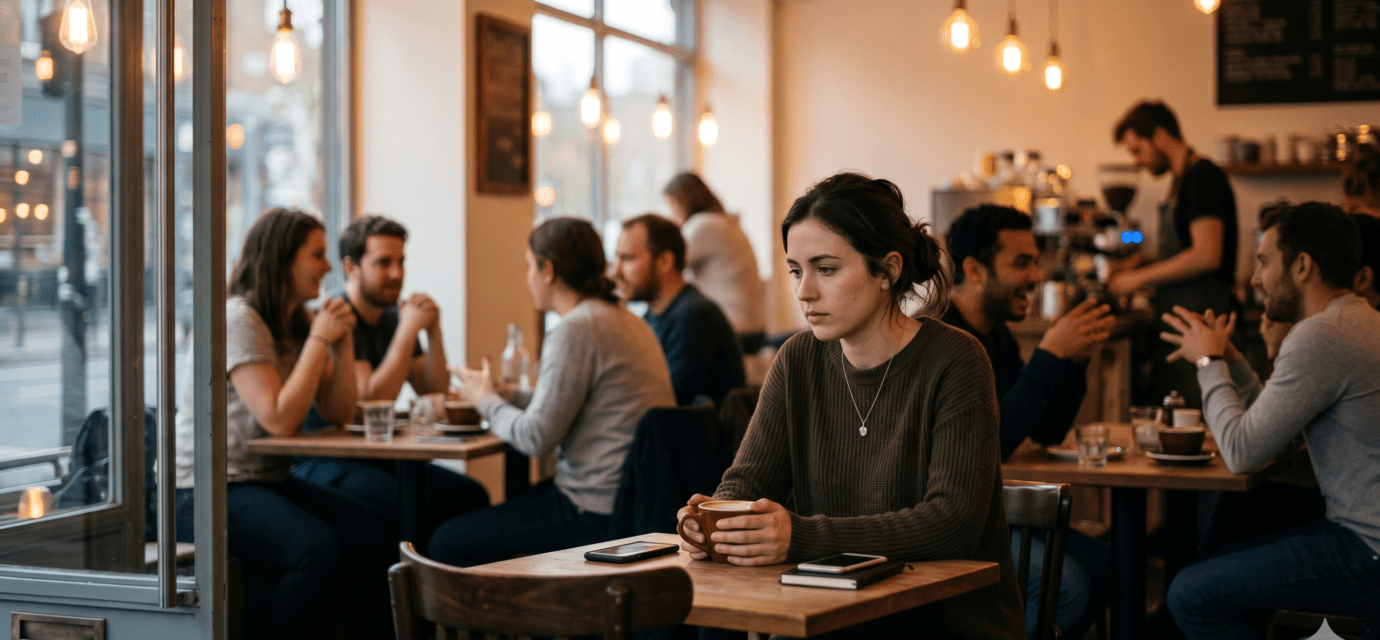 person with social anxiety sitting alone in a crowd due to gut health issues
