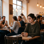 person with social anxiety sitting alone in a crowd due to gut health issues