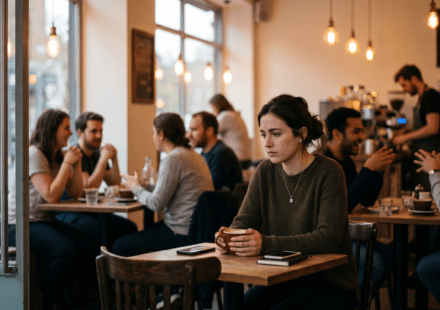 person with social anxiety sitting alone in a crowd due to gut health issues