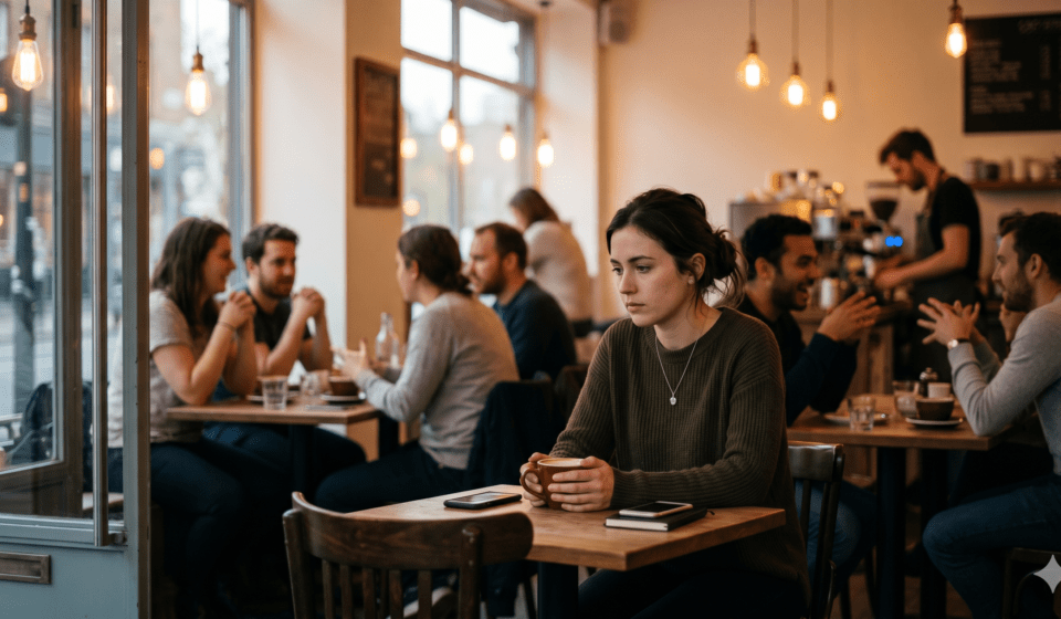 person with social anxiety sitting alone in a crowd due to gut health issues