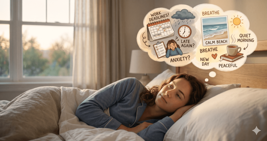A person lying in bed in the early morning, eyes just opening, thought-bubble illustrations showing a mix of worried and calm thoughts — soft warm tones, gentle morning light, semi-illustrative style blending photorealism and concept art.