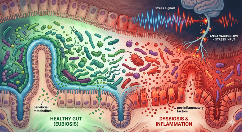 gut microbiome dysbiosis causing stomach pain from anxiety 